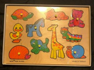Vintage Animals Lift W/ Knobs Play Wooden Playboard Puzzle By Acre
