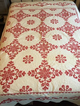 Vintage Embroidered Red And White Full Size Quilt 75 X 90