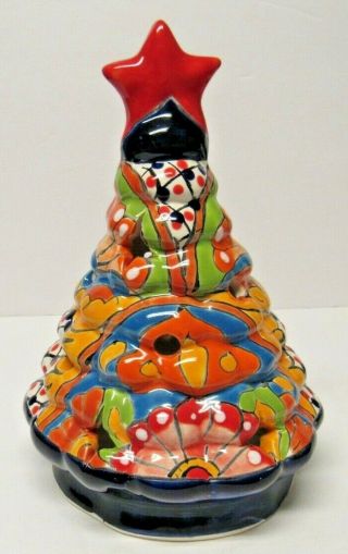 Traditional Mexican Talavera Pottery Christmas Tree Luminary 9 1/2 " Folk Art