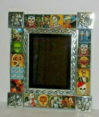 Talavera Day Of The Dead Sugar Skull Punched Tin & Tile Mirror Wall Art 14 1/2 "