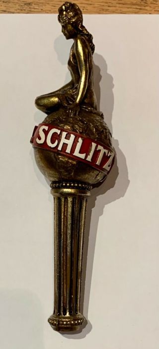 Vintage Schlitz Beer Tap Handle Gold Lady On Top Of The World Globe