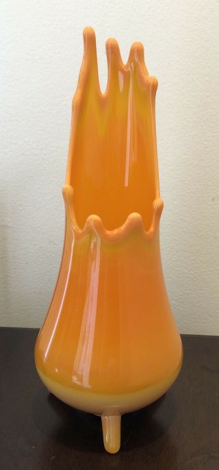 MCM Vintage l.  e.  smith? Glass Orange Yellow Slag Stretch Vase Tripod Legs 2
