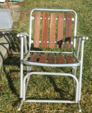 Vintage Aluminum Folding Redwood Wood Lawn Rocker Rocking Chair