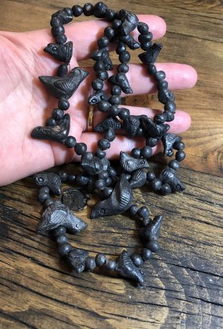 1182 Vintage Pajaro Oaxacan Mexican Black Clay Pottery Bird Fetish 26” Necklace