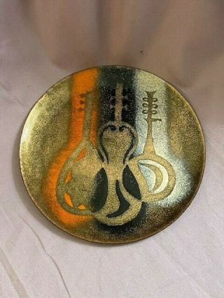 Bovano (cheshire Ct) Vintage Enamel On Copper Dish W/abstract Stenciled Guitars