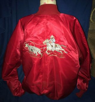 Vintage Red Embroidered Cowboy Horse Roping Western Satin Bomber Jacket Coat L