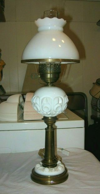 Vintage Hurricane Gwtw Banquet Table Lamp Brass & Milk Glass