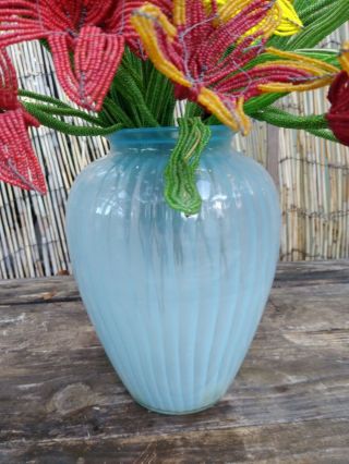 Vintage Hand Beaded Flowers With frosted blue vintage Vase 3