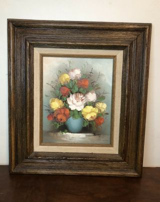 Vintage 1960s Framed Canvas Oil Painting Of Flowers In A Vase Bright Colors Mcm