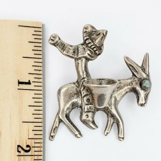 Vintage Sterling Silver 925 Man on a Donkey Pin Brooch Turquoise Eye 2