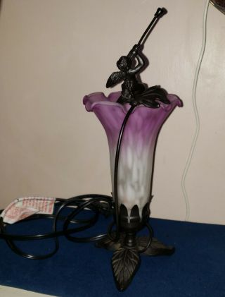 Fairy Tulip Flower Night Light Table Lamp Cherub Angel Wings Purple Metal Glass