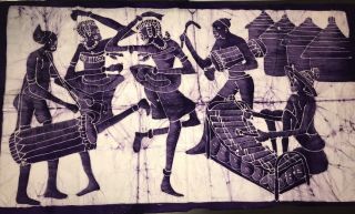 African Theme Batik Wall Art Purple Tribal Music Dancing Drum Cotton Wax 32”x60”