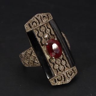 Vtg Sterling Silver Signed Art Deco Style Onyx & Ruby Ring Size 5.  5 - 7g