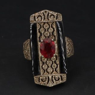 VTG Sterling Silver SIGNED Art Deco Style Onyx & Ruby Ring Size 5.  5 - 7g 2