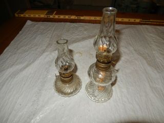 Antique 2 Miniature Oil Lamp Clear Swirl Glass W/ Chimneys