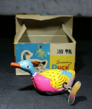 Vintage Swimming Duck Tin Clockwork Windup Toy With Key