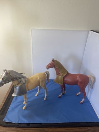 2 Vintage Marx Plastic Toy Horses W/ Some Accessories As - Is