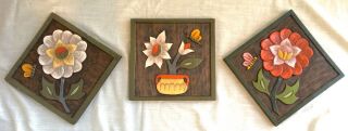 Set Of 3 Vintage Hand Carved & Painted Bas Relief Wood Plaques,  1970 Mexico