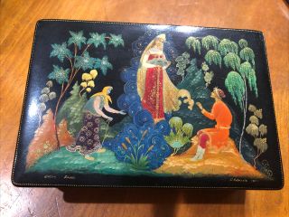 Vintage Russian Black Lacquer Painted Folk Lore Fairy Tale Trinket Jewelry Box