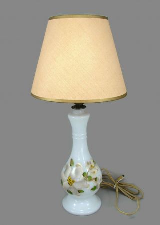 Vintage Milk Glass Table Lamp,  Hand Painted Floral Accent,  Tan Fabric Shade
