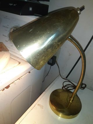 Vintage Mcm Brass/gold Color Goose Neck Banker Desk Lamp Light Bullet Cone Shade