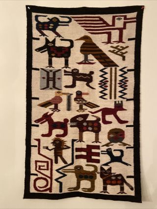 Vintage Aztec Animal Style Hand Woven Wool Rug Wall Hanging 24” - 41”