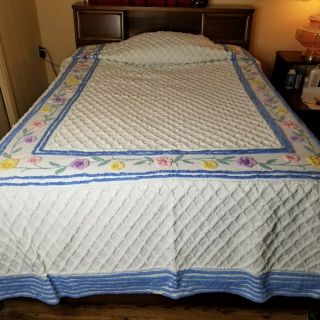 Vintage Chenille Bedspread Blue White Floral Pattern Full Double