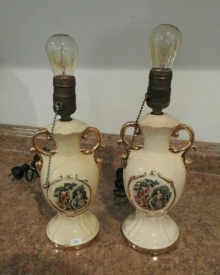 Pair Vintage Victorian Style Colonial Italian Table Lamps Ceramic Beige And Gold