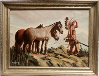 Hermann Endler Painting On Canvas Indian Horse Trader,  Detroit 1950 Framed