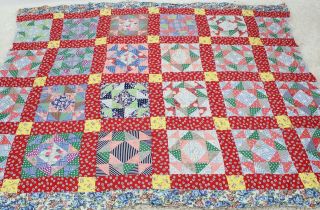Vintage Quilt Top Cotton Feed Sack Hand Pieced Novelty Red Blue Print 78 X 62 B