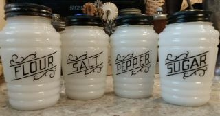 Vintage Milk Glass Salt Pepper Sugar Flour Shaker Bee Hive Ribbed Black Letters