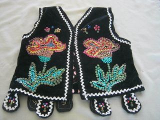 Ornate Glittery Vintage Polish Folk Costume Black Velvet Lace Up Beaded Vest