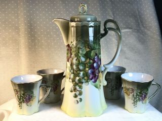 Vintage A C Bavaria Chocolate Pot With 4 Cups,  Grapes & Leaves Pattern Signed