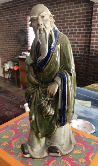 Vintage Chinese Shiwan Ceramic Mudman Scholar Elder Figurine Statue 12”
