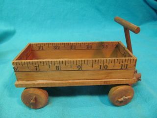 Vintage 7 " Folk Art Wood Pull Wagon Cart Toy Made With Ruler / Yardstick
