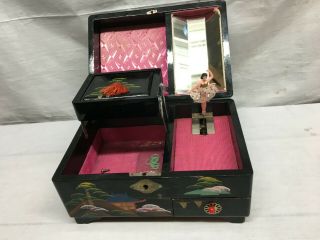 Vtg 1940s Jewelry Music Box Hand Painted Black Lacquered Inlay Japan Ballerina