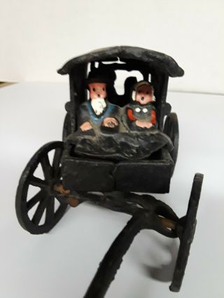 Vintage Cast Iron Amish Horse And Buggy Wagon W Family 3 Piece - Hand Painted Asis