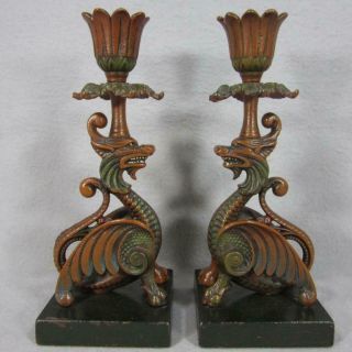 Vintage Cast Iron Winged Dragon Candlesticks With Polychrome Paint