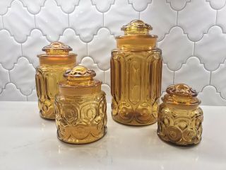 Vintage Le Smith Moon And Stars 8 Piece Amber Glass 4 Canister Set -