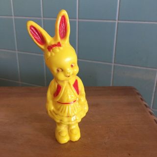 Vtg Baby Rattle Bunny Girl Red Yellow Hard Plastic Collectible Easter Rabbit