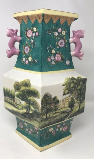 Vintage Chinese Porcelain Famille Rose Handled Vase 16” Tall 13” Wide