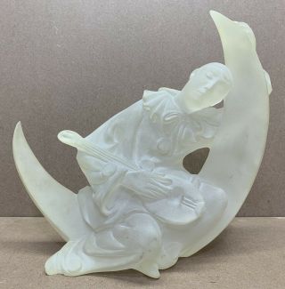 Vtg 1988 Crystallus Frosted Lucite? Sculpture Mandolin Player On The Moon 13x12”