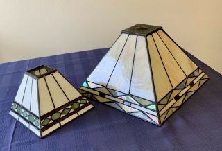 Frank Lloyd Wright Arts & Crafts Panel Slag Stained Glass Lamp Shade (2)