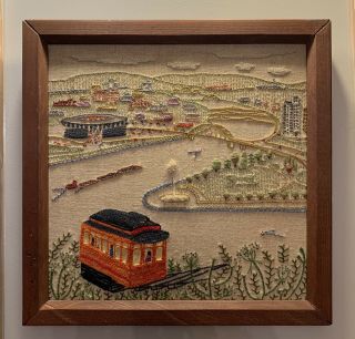 Vtg Framed Crewel Needlepoint Pittsburgh Pa.  Duquesne Incline 3 - Rivers Stadium