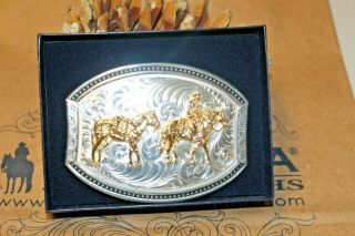 Nib Montana Silversmiths Belt Buckle Silver Gold Cowboy With Pack Horse