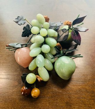 Set 5 Jade & Rose Quartz Carved Stone Fruit Apple Pear Grapes Cherries