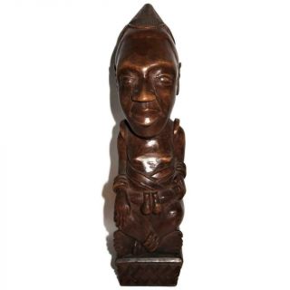 Vintage African Hand Carved Wooden Statue Man Sitting W/ Hat,  12 "