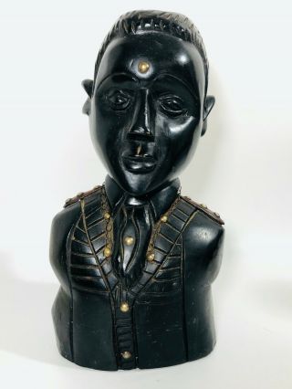 Vintage Hand Carved Ebony Wooded Tribal Man In Uniform Bust