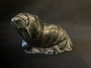 Large Vintage Artist Signed Inuet Soap Stone Walrus Carving Native Art,  Ethnic