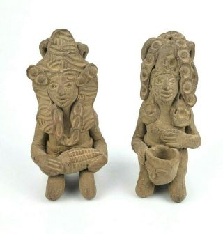 Mexican Aztec/mayan Pre - Columbian Clay Pottery Figure Primitive Set Of 2